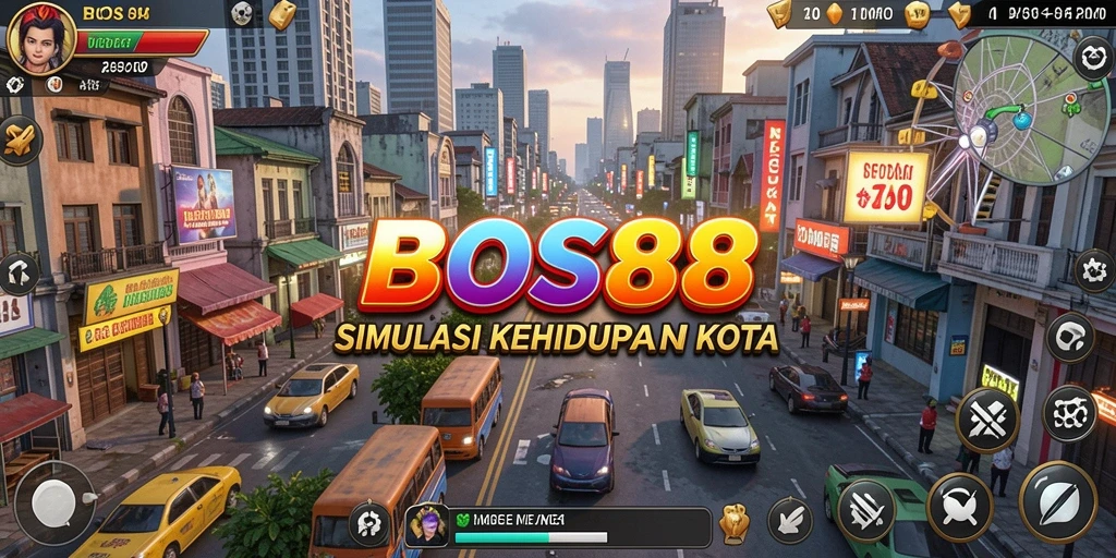 Screenshot gameplay BOS88 menampilkan pembangunan kota yang dinamis.