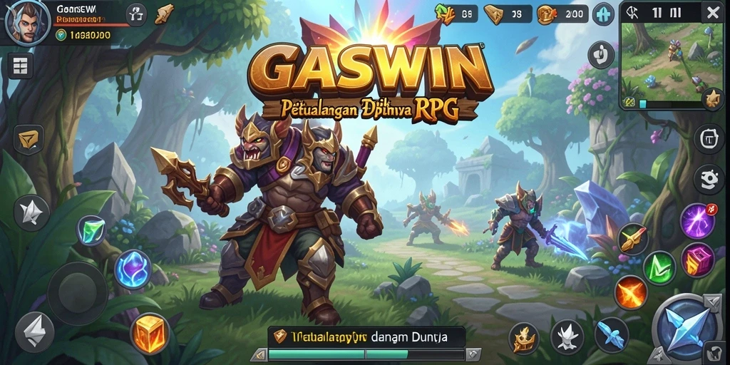 Screenshot utama GASWIN menampilkan pertarungan epik di dunia fantasi.
