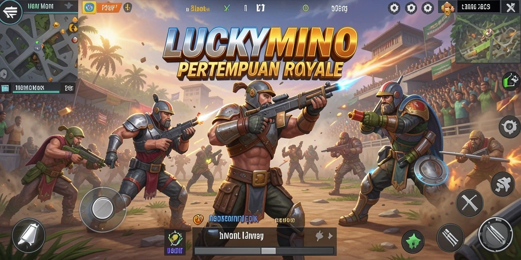 Screenshot utama LUCKYMINO menampilkan pertempuran mendebarkan di arena Battle Royale.