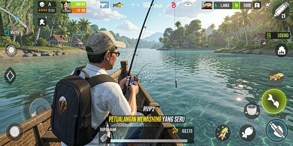Screenshot menampilkan gameplay mendebarkan di RVIP2 dengan pemandangan ikan dan perahu.