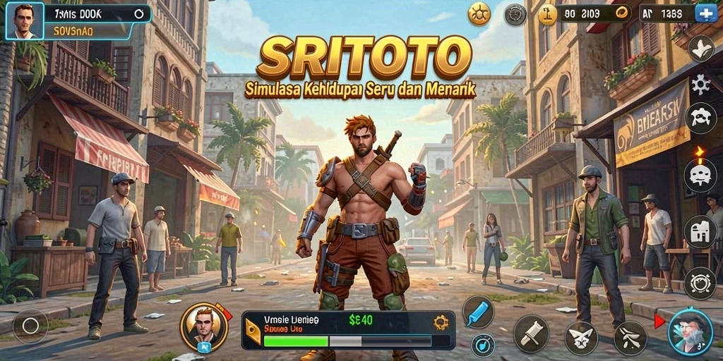 Tampilan gameplay SRITOTO dengan karakter yang berinteraksi di dunia simulasi.